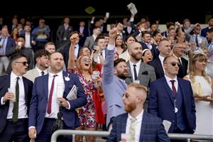 ASCOT, ENGLAND - JULY 24: A general view as racegoers cheer home a winner at Ascot Racecourse on July 24, 2021 in Ascot, England. (Photo by Alan Crowhurst/Getty Images)