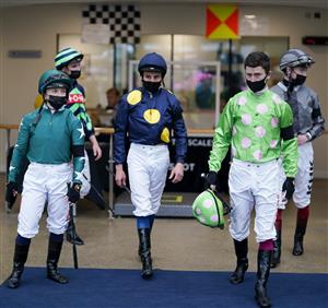 ASCOT, ENGLAND - JULY 24: A general view as jockeys leave the weighing room at Ascot Racecourse on July 24, 2021 in Ascot, England. (Photo by Alan Crowhurst/Getty Images)