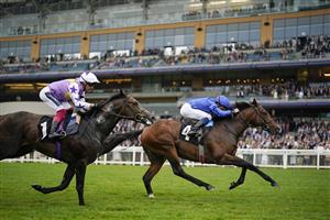 ASCOT, ENGLAND - JULY 24: William Buick riding New Science (blue) win The Pat Eddery Stakes at Ascot Racecourse on July 24, 2021 in Ascot, England. (Photo by Alan Crowhurst/Getty Images)