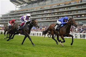 ASCOT, ENGLAND - JULY 24: William Buick riding New Science (blue) win The Pat Eddery Stakes at Ascot Racecourse on July 24, 2021 in Ascot, England. (Photo by Alan Crowhurst/Getty Images)