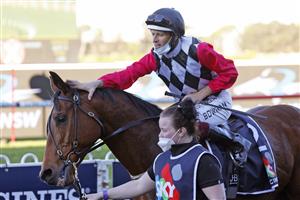 SYDNEY, AUSTRALIA - JULY 24: Hugh Bowman on Casino Mondial (red sleeves) returns to scale after winning race 8 the Midway Handicap during Sydney Racing at Rosehill Gardens on July 24, 2021 in Sydney, Australia. (Photo by Mark Evans/Getty Images)