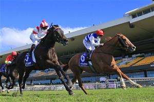 SYDNEY, AUSTRALIA - JULY 24: Brock Ryan on Chat wins race 4 the Hyland Race Colours July Sprint from Kerrin McEvoy on All Time Legend during Sydney Racing at Rosehill Gardens on July 24, 2021 in Sydney, Australia. (Photo by Mark Evans/Getty Images)