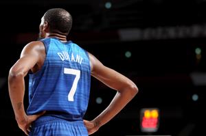 SAITAMA, JAPAN - JULY 25: Kevin Durant #7 of Team United States looks on against Team France during the first half of the Men's Preliminary Round Group B game on day two of the Tokyo 2020 Olympic Games at Saitama Super Arena on July 25, 2021 in Saitama, Japan. (Getty Images)