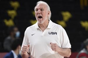 USA's coah Gregg Popovich shouts from the sideline during the men's preliminary round group A basketball match between France and USA during the Tokyo 2020 Olympic Games at the Saitama Super Arena in Saitama on July 25, 2021. (Getty Images)