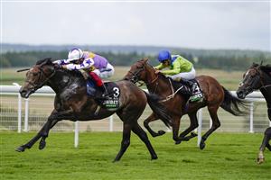 CHICHESTER, ENGLAND - JULY 27: Frankie Dettori riding Angel Bleu (L) win The Unibet Vintage Stakes during the Qatar Goodwood Festival at Goodwood Racecourse on July 27, 2021 in Chichester, England. (Photo by Alan Crowhurst/Getty Images)
