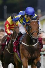 CHICHESTER, ENGLAND - JULY 27: Hollie Doyle riding Trueshan (R, blue/yellow) win The Al Shaqab Goodwood Cup Stakes during the Qatar Goodwood Festival at Goodwood Racecourse on July 27, 2021 in Chichester, England. (Photo by Alan Crowhurst/Getty Images)