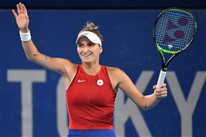 Marketa Vondrousova celebrates after beating Naomi Osaka in the women's Olympic tennis tournament. (Getty Images)