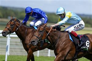 CHICHESTER, ENGLAND - JULY 28: David Egan riding Nagano (light blue/yellow) win The Unibet '15 To Go' Handicap during the Qatar Goodwood Festival at Goodwood Racecourse on July 28, 2021 in Chichester, England. (Photo by Alan Crowhurst/Getty Images)