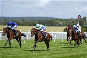 CHICHESTER, ENGLAND - JULY 28: David Egan riding Nagano (light blue/yellow) win The Unibet '15 To Go' Handicap during the Qatar Goodwood Festival at Goodwood Racecourse on July 28, 2021 in Chichester, England. (Photo by Alan Crowhurst/Getty Images)