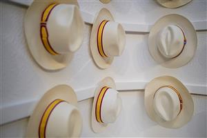 CHICHESTER, ENGLAND - JULY 28: Panama hats for sale in the shop during the Qatar Goodwood Festival at Goodwood Racecourse on July 28, 2021 in Chichester, England. (Photo by Alan Crowhurst/Getty Images)