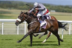 CHICHESTER, ENGLAND - JULY 28: Daniel Tudhope riding Last Empire (grey) win The Whispering Angel Oak Tree Stakes during the Qatar Goodwood Festival at Goodwood Racecourse on July 28, 2021 in Chichester, England. (Photo by Alan Crowhurst/Getty Images)