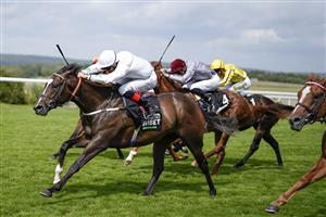 CHICHESTER, ENGLAND - JULY 29: Martin Harley riding Asymmetric (white) win The Unibet Richmond Stakes during the Qatar Goodwood Festival at Goodwood Racecourse on July 29, 2021 in Chichester, England. (Photo by Alan Crowhurst/Getty Images)