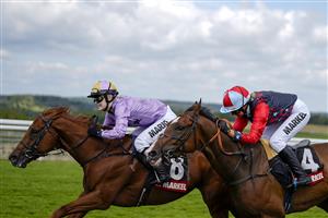 CHICHESTER, ENGLAND - JULY 29: Thea Gosden Hood riding She Got The Jockey (L) dead heat with Candida Crawford riding Mine Behind (R) in The Magnolia Cup during the Qatar Goodwood Festival at Goodwood Racecourse on July 29, 2021 in Chichester, England. (Photo by Alan Crowhurst/Getty Images)