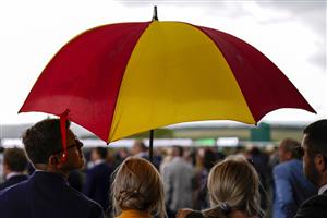 CHICHESTER, ENGLAND - JULY 30: Rain falls during the Qatar Goodwood Festival at Goodwood Racecourse on July 30, 2021 in Chichester, England. (Photo by Alan Crowhurst/Getty Images)