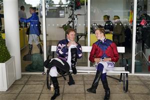 CHICHESTER, ENGLAND - JULY 30: Tom Queally (L) chats with David Probert outside the weighing room during the Qatar Goodwood Festival at Goodwood Racecourse on July 30, 2021 in Chichester, England. (Photo by Alan Crowhurst/Getty Images)