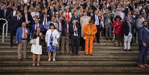 CHICHESTER, ENGLAND - JULY 30: Cheering home a winner for The Queen during the Qatar Goodwood Festival at Goodwood Racecourse on July 30, 2021 in Chichester, England. (Photo by Alan Crowhurst/Getty Images)
