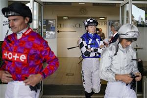 CHICHESTER, ENGLAND - JULY 30: Jamie Spencer (blue) leaves the weighing room during the Qatar Goodwood Festival at Goodwood Racecourse on July 30, 2021 in Chichester, England. (Photo by Alan Crowhurst/Getty Images)