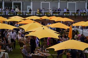 CHICHESTER, ENGLAND - JULY 31: On the Champagne lawn during the Qatar Goodwood Festival at Goodwood Racecourse on July 31, 2021 in Chichester, England. (Photo by Alan Crowhurst/Getty Images)