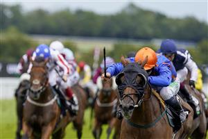 CHICHESTER, ENGLAND - JULY 31: Jason Hart riding Mr Wagyu (orange cap) win The Unibet Stewards' Sprint Handicap during the Qatar Goodwood Festival at Goodwood Racecourse on July 31, 2021 in Chichester, England. (Photo by Alan Crowhurst/Getty Images)