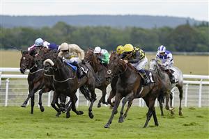 CHICHESTER, ENGLAND - JULY 31: William Carver riding Oo De Lally (black/yellow) win The Thames Materials Handicap during the Qatar Goodwood Festival at Goodwood Racecourse on July 31, 2021 in Chichester, England. (Photo by Alan Crowhurst/Getty Images)