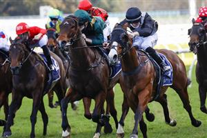 SYDNEY, AUSTRALIA - JULY 31: Tom Sherry (black cap)on Sixgun wins race 8 the Precise Air Handicap during Sydney Racing at Royal Randwick Racecourse on July 31, 2021 in Sydney, Australia. (Photo by Mark Evans/Getty Images)