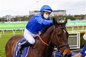 SYDNEY, AUSTRALIA - JULY 31: Hugh Bowman pats Tamerlane after winning race 1 the ATC Thank You Stable Staff Handicap during Sydney Racing at Royal Randwick Racecourse on July 31, 2021 in Sydney, Australia. (Photo by Mark Evans/Getty Images)