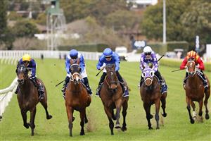 SYDNEY, AUSTRALIA - JULY 31: Hugh Bowman (all blue) on Tamerlane wins race 1 the ATC Thank You Stable Staff Handicap during Sydney Racing at Royal Randwick Racecourse on July 31, 2021 in Sydney, Australia. (Photo by Mark Evans/Getty Images)