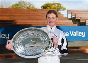 MELBOURNE, AUSTRALIA - JULY 31: Moonee Valley Race Club presented Jamie Kah with a trophy for winning the 20/21 jockeys premiership during Melbourne Racing at Moonee Valley Racecourse on July 31, 2021 in Melbourne, Australia. (Photo by Vince Caligiuri/Getty Images)