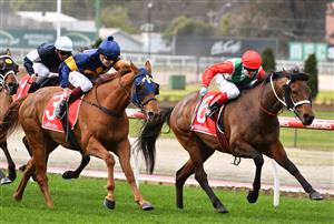 MELBOURNE, AUSTRALIA - JULY 31: Fred Kersley riding Mahamedeis (L) defeats Pancho in Race 4, the Mirasan Handicap during Melbourne Racing at Moonee Valley Racecourse on July 31, 2021 in Melbourne, Australia. (Photo by Vince Caligiuri/Getty Images)