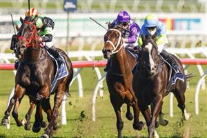SYDNEY, AUSTRALIA - AUGUST 07: Joshua Parr (R) on Matowatakpe wins race 4 the Billy Camer Handicap during Sydney Racing at Royal Randwick Racecourse on August 07, 2021 in Sydney, Australia. (Photo by Mark Evans/Getty Images)