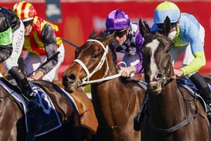 SYDNEY, AUSTRALIA - AUGUST 07: Joshua Parr (R) on Matowatakpe wins race 4 the Billy Camer Handicap during Sydney Racing at Royal Randwick Racecourse on August 07, 2021 in Sydney, Australia. (Photo by Mark Evans/Getty Images)