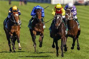 SYDNEY, AUSTRALIA - AUGUST 07: James McDonald (yellow) on Hot Spring Gold wins race 1 the Clubsnsw Western Metropolitan Handicap during Sydney Racing at Royal Randwick Racecourse on August 07, 2021 in Sydney, Australia. (Photo by Mark Evans/Getty Images)
