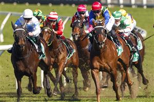 SYDNEY, AUSTRALIA - AUGUST 07: James McDonald (blue sleeves) on Dream Runner wins race 3 the Tab Highway Class 3 Plate during Sydney Racing at Royal Randwick Racecourse on August 07, 2021 in Sydney, Australia. (Photo by Mark Evans/Getty Images)