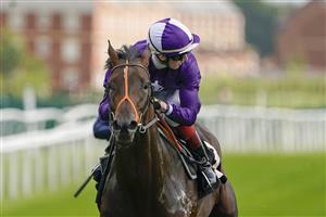 NEWBURY, ENGLAND - AUGUST 14: David Egan riding Mojo Star win The Academy Insurance British EBF Maiden Stakes at Newbury Racecourse on August 14, 2021 in Newbury, England. (Photo by Alan Crowhurst/Getty Images)