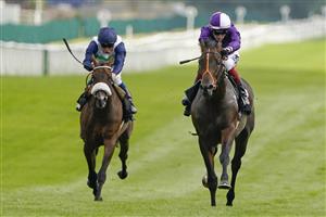 NEWBURY, ENGLAND - AUGUST 14: David Egan riding Mojo Star win The Academy Insurance British EBF Maiden Stakes at Newbury Racecourse on August 14, 2021 in Newbury, England. (Photo by Alan Crowhurst/Getty Images)