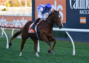 MELBOURNE, AUSTRALIA - AUGUST 14: Declan Bates riding Pintoff winning Race 9, the Evergreen Turf Regal Roller Stakes, during Melbourne Racing at Caulfield Racecourse on August 14, 2021 in Melbourne, Australia. (Photo by Vince Caligiuri/Getty Images)