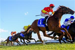 KEMBLA, AUSTRALIA - AUGUST 14: James McDonald (red cap) on Tiger of Malay wins race 8 the Darley Up And Coming Stakes during Sydney Racing at Kembla Grange on August 14, 2021 in Kembla, Australia. (Photo by Mark Evans/Getty Images)
