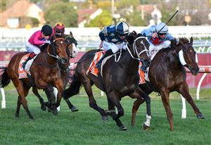 MELBOURNE, AUSTRALIA - AUGUST 14: John Allen riding Sierra Sue winning Race 8, the P.b. Lawrence Stakes, during Melbourne Racing at Caulfield Racecourse on August 14, 2021 in Melbourne, Australia. (Photo by Vince Caligiuri/Getty Images)