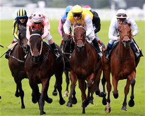 ASCOT, ENGLAND - JUNE 23: Luke Nolen riding Black Caviar (Salmon color, black spots) win the Diamond Jubilee Stakes during day five of Royal Ascot at Ascot racecourse on June 23, 2012 in Ascot, England (Photo by Jan Kruger/Getty Images)