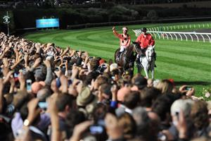 MELBOURNE, AUSTRALIA - MARCH 22: Luke Nolen riding Black Caviar after winner her 24th straight win in the Hacer Group William Reid Stakes during Melbourne racing at Moonee Valley Racecourse on March 22, 2013 in Melbourne, Australia. (Photo by Vince Caligiuri/Getty Images)
