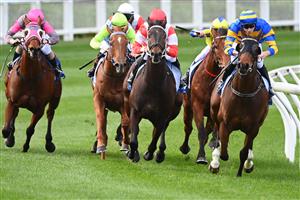 MELBOURNE, AUSTRALIA - AUGUST 21: Declan Bates riding Corner Pocket (R) winning Race 3, the Stuart Murray Handicap, during Melbourne Racing at Moonee Valley Racecourse on August 21, 2021 in Melbourne, Australia. (Photo by Vince Caligiuri/Getty Images)