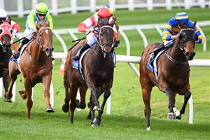MELBOURNE, AUSTRALIA - AUGUST 21: Declan Bates riding Corner Pocket (R) winning Race 3, the Stuart Murray Handicap, during Melbourne Racing at Moonee Valley Racecourse on August 21, 2021 in Melbourne, Australia. (Photo by Vince Caligiuri/Getty Images)