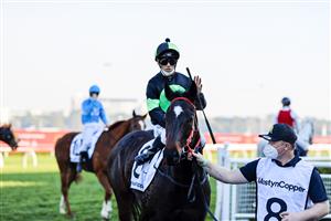 SYDNEY, AUSTRALIA - AUGUST 21: Jay Ford on Private Eye returns to scale after winning
race 7 the Mostyn Copper Show County Quality during Sydney Racing at Royal Randwick on August 21, 2021 in Sydney, Australia. (Photo by Mark Evans/Getty Images)