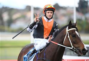 MELBOURNE, AUSTRALIA - AUGUST 21: Brett Prebble riding Belsielle after winning Race 2, the Dr Sheahan Plate, during Melbourne Racing at Moonee Valley Racecourse on August 21, 2021 in Melbourne, Australia. (Photo by Vince Caligiuri/Getty Images)