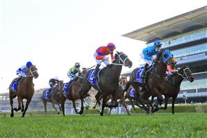 SYDNEY, AUSTRALIA - AUGUST 21: Tommy Berry (blue and black checks) on Mo'unga winning the Group 1 Winx Stakes at Royal Randwick on August 21, 2021 in Sydney, Australia. (Getty)