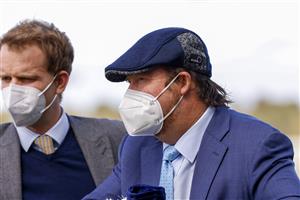 KEMBLA GRANGE, AUSTRALIA - AUGUST 28: Trainer Garry Portelli (R) looks on after winning race 2 the Midway Handicap with Royalzel during Sydney Racing at Kembla Grange Racecourse on August 28, 2021 in Kembla Grange, Australia. (Photo by Mark Evans/Getty Images)