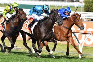 MELBOURNE, AUSTRALIA - AUGUST 28: John Allen riding Bruckner defeats Damien Oliver riding Heresy (3rd) in Race 4, the H.d.f. Mcneil Stakes, during Melbourne Racing at Caulfield Racecourse on August 28, 2021 in Melbourne, Australia. (Photo by Vince Caligiuri/Getty Images)
