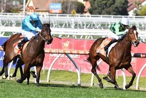 MELBOURNE, AUSTRALIA - AUGUST 28: Jye McNeil riding Turaath winning Race 3, the Evergreen Turf Handicap, during Melbourne Racing at Caulfield Racecourse on August 28, 2021 in Melbourne, Australia. (Photo by Vince Caligiuri/Getty Images)