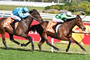 MELBOURNE, AUSTRALIA - AUGUST 28: Jye McNeil riding Turaath winning Race 3, the Evergreen Turf Handicap, during Melbourne Racing at Caulfield Racecourse on August 28, 2021 in Melbourne, Australia. (Photo by Vince Caligiuri/Getty Images)