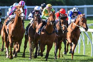 MELBOURNE, AUSTRALIA - SEPTEMBER 04: Alana Kelly riding Degraves (white cap behind) on the home turn before winning Race 4, the Powerflo Solutions Handicap, during Melbourne Racing at Moonee Valley Racecourse on September 04, 2021 in Melbourne, Australia. (Photo by Vince Caligiuri/Getty Images)